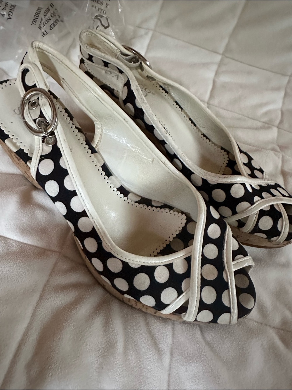 Franco SARTO Polka Dot Peep-Toe Slingback Wedges - Black & White